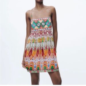 ZARA Boho Geometric Strappy Embroidered Flowy Mini Dress